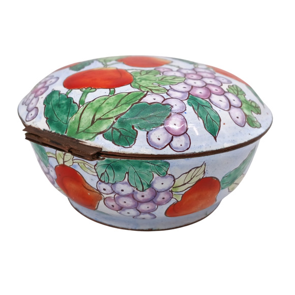 Vintage Hand Painted Round Porcelain Trinket Jewelry Box Copper Tone Hinged Lid - Picture 3 of 8